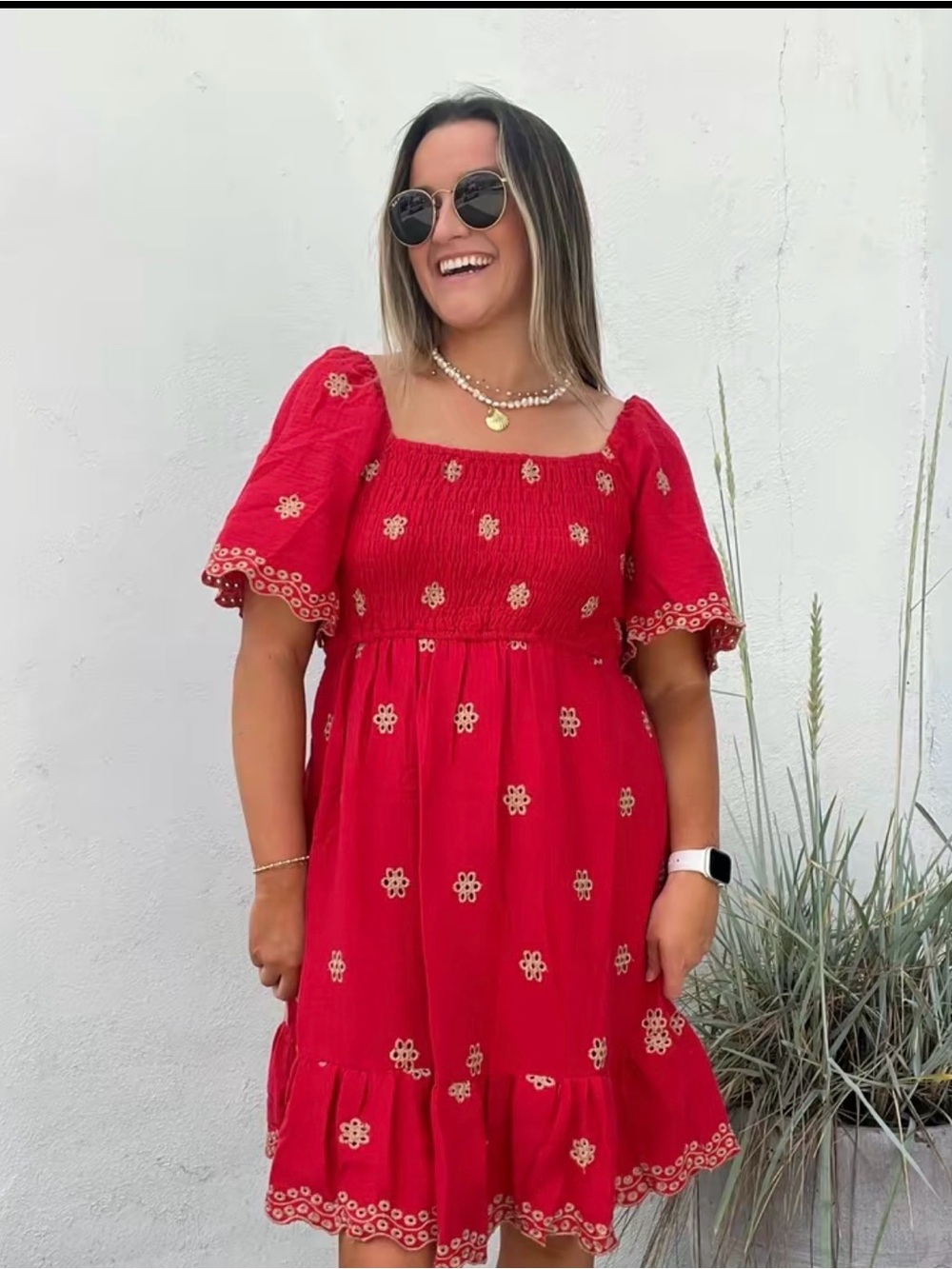easel Red Embroidered Square-Neck Babydoll Dress